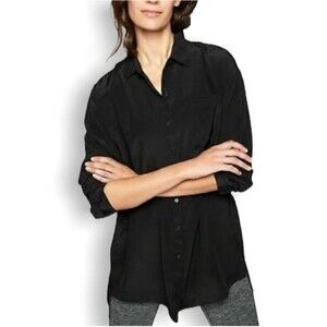 Athleta  Oversized Silk Blouse Medium Tunic Button Front Long  Black Collared